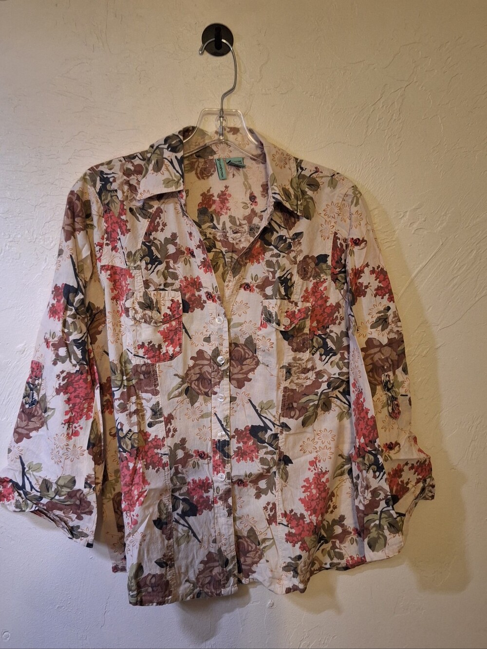 Women's Floral 100% Cotton Button-Up Roll Tab Shirt by Love Potion Size Large